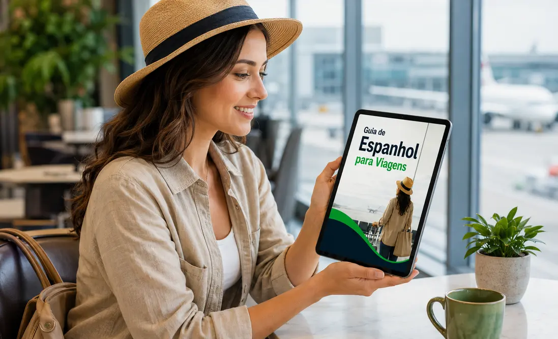 Viajante consultando o Guia de Espanhol para Viagens em um tablet